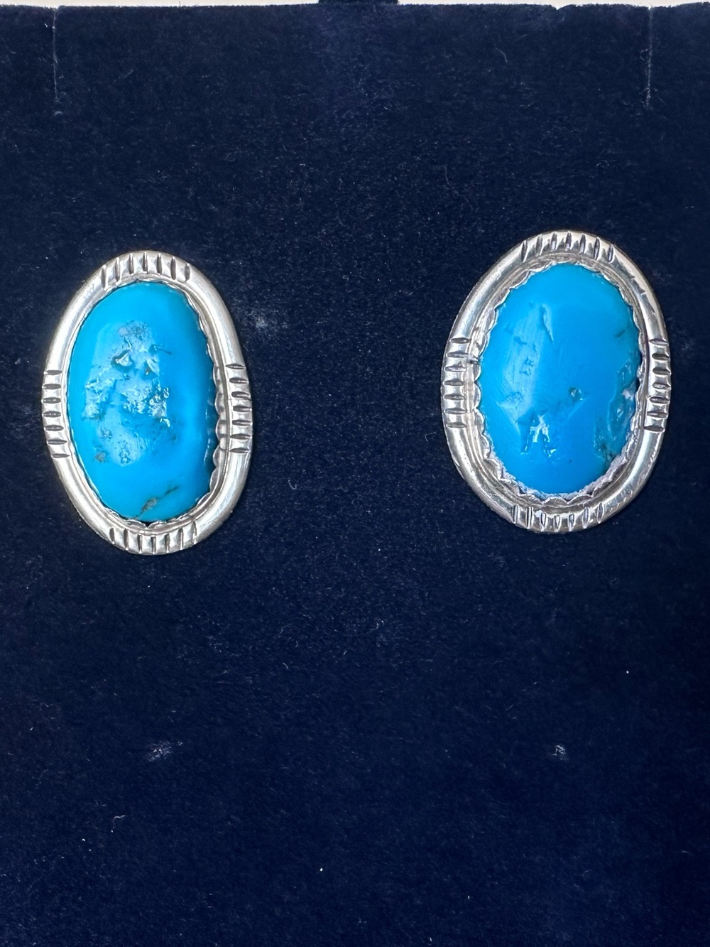 Vintage Navajo Sterling Silver Large Turquoise Oval Cabochons Stud Earrings